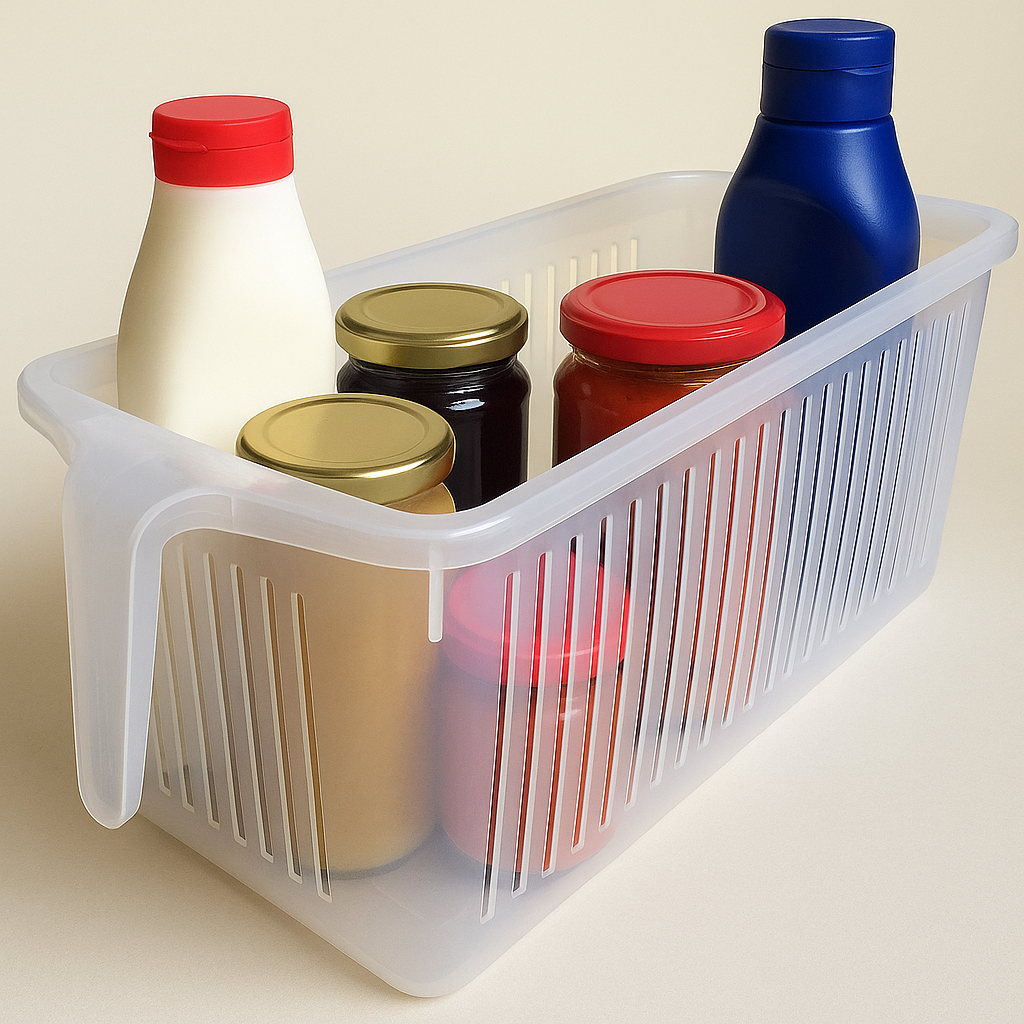 Clear kitchen organiser basket holding bottles and jars