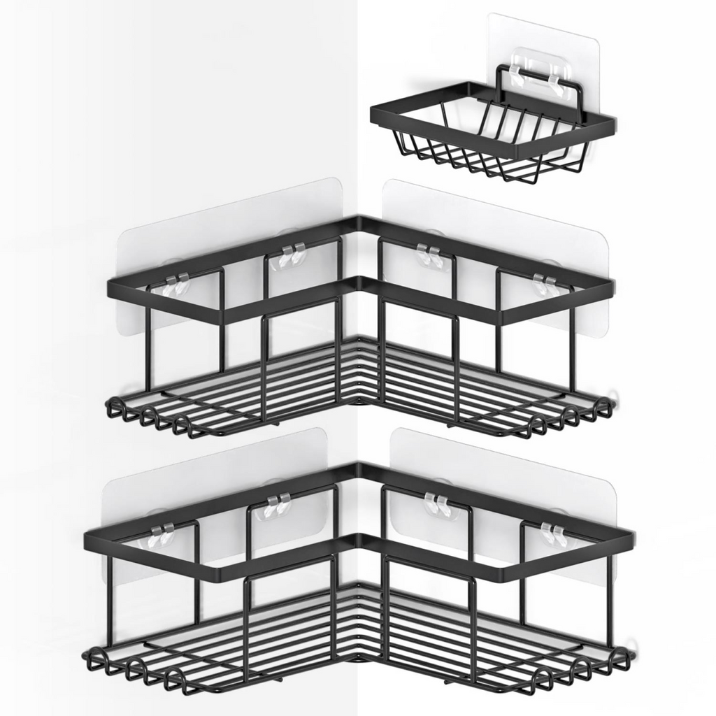 Vinsani 3-Piece Black Corner Shower Caddy – No-Drill Bathroom Storage