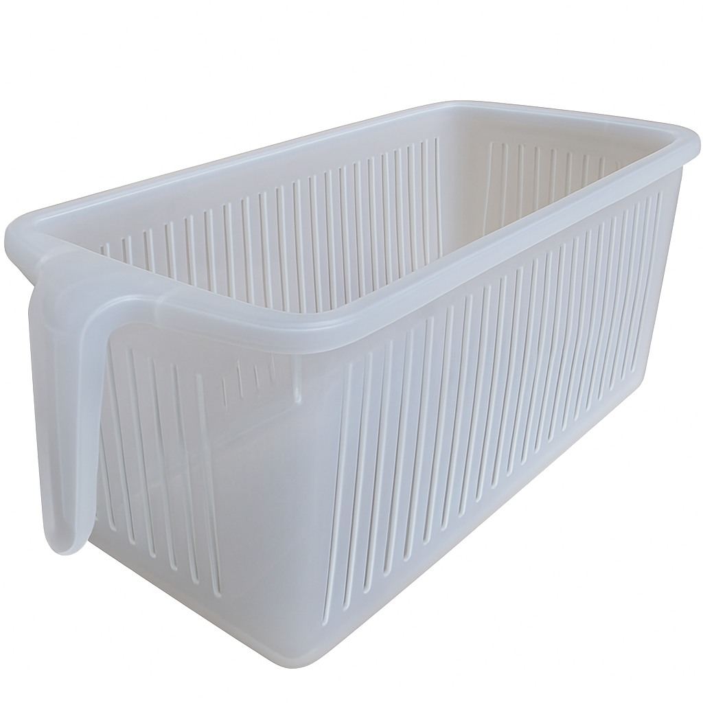 Single clear ribbed kitchen organiser basket on a white background