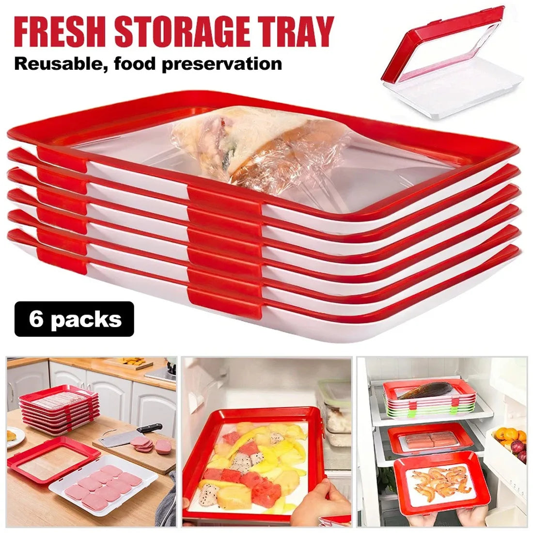 6-Piece Reusable Fresh Food Storage Tray Set – Stackable Fridge Organisers